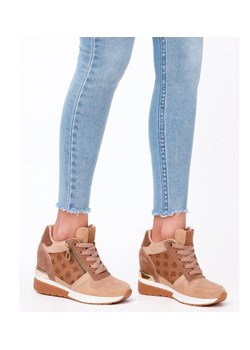 Damskie sneakersy na koturnie Khaki /G3-1 15913 D383/ ze sklepu Pantofelek24.pl w kategorii Botki - zdjęcie 185499324