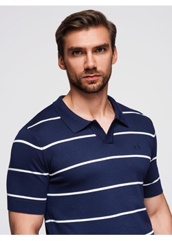 Męska koszulka polo w poziome paski z wiskozą – granatowo-biała V1 OM-POSS-0145 ze sklepu ombre w kategorii T-shirty męskie - zdjęcie 185516161