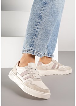 Beżowe Skórzane Sneakersy z Paskami Andaxele ze sklepu born2be.pl w kategorii Buty sportowe damskie - zdjęcie 185561083