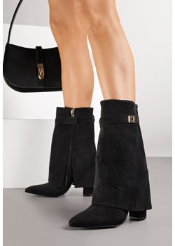 Czarne Botki z Ekozamszu na Słupkowym Obcasie z Cholewką Imitującą Nogawkę Emmidre ze sklepu renee.pl w kategorii Botki - zdjęcie 185576020