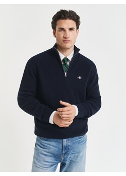 Gant Męski sweter z dzianiny z wełną merynosów Mężczyźni Bawełna granatowy jednolity ze sklepu vangraaf w kategorii Swetry męskie - zdjęcie 185589633