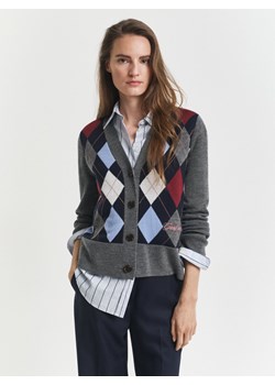 Gant Damski kardigan z wełny merynosów Kobiety Wełna merino antracytowy w kratkę ze sklepu vangraaf w kategorii Swetry damskie - zdjęcie 185589634