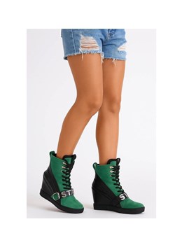 Sznurowane zielono czarne trampki sneakersy koturnie /F8-3 18060 T284/ ze sklepu Pantofelek24.pl w kategorii Botki - zdjęcie 185601913