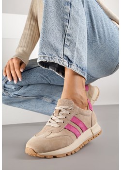 Beżowo-Fuksjowe Skórzane Sneakersy z Ozdobnymi Paskami Felindda ze sklepu born2be.pl w kategorii Buty sportowe damskie - zdjęcie 185621101