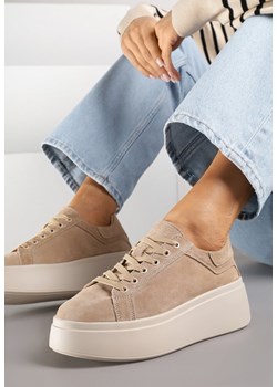 Beżowe Sneakersy z Naturalnego Zamszu na Platformie Nalirette ze sklepu renee.pl w kategorii Buty sportowe damskie - zdjęcie 185625330
