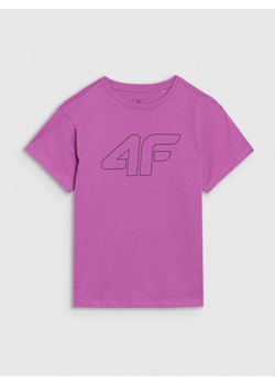 Dziewczęcy t-shirt z nadrukiem 4F 4FJWSS25TTSHF2327 - fioletowy ze sklepu Sportstylestory.com w kategorii Bluzki dziewczęce - zdjęcie 185625433