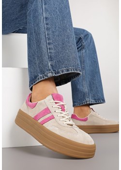 Beżowo-Fuksjowe Sneakersy Zamszowe na Platformie ze Skórzaną Wkładką Ozdobione Paskiem Adivrie ze sklepu renee.pl w kategorii Buty sportowe damskie - zdjęcie 185643802
