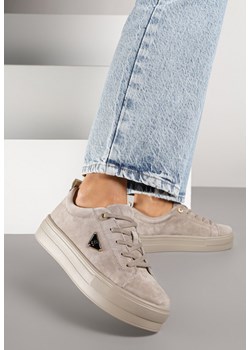 Szare Sneakersy na Platformie z Zamszu Naturalnego Ozdobione Aplikacją Beliale ze sklepu renee.pl w kategorii Buty sportowe damskie - zdjęcie 185666741