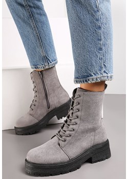 Szare Botki na Grubej Podeszwie z Sznurowaniem Eterna ze sklepu born2be.pl w kategorii Botki - zdjęcie 185686392