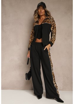 Czarny Komplet Dresowy z Panterkowymi Wstawkami Bluza i Spodnie Wide Leg Redrie ze sklepu renee.pl w kategorii Dresy damskie - zdjęcie 185702572