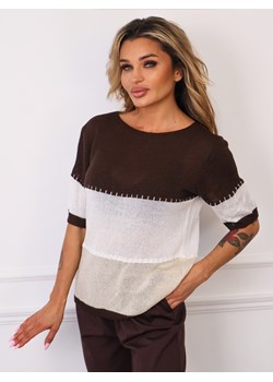 SWETER W PASKI Z KRÓTKIM RĘKAWEM- CIEMNOBRĄZOWY ze sklepu olika.com.pl w kategorii Swetry damskie - zdjęcie 185715082