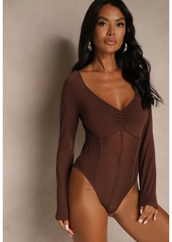Brązowe Body Vices o Fasonie Longsleeve z Dekoltem w Kształcie V Asstre ze sklepu renee.pl w kategorii Body damskie - zdjęcie 185812122