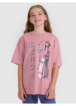 Dziewczęcy t-shirt oversize z nadrukiem 4F 4FJRAW25TTSHF2936 - różowy ze sklepu Sportstylestory.com w kategorii Bluzki dziewczęce - zdjęcie 185837504