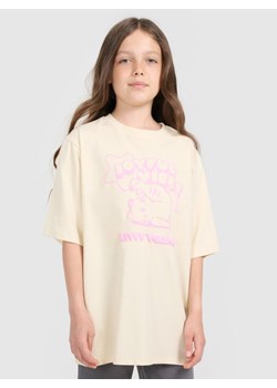 Dziewczęcy t-shirt oversize z nadrukiem 4F 4FJRAW25TTSHF3197 - beżowy ze sklepu Sportstylestory.com w kategorii Bluzki dziewczęce - zdjęcie 185837603