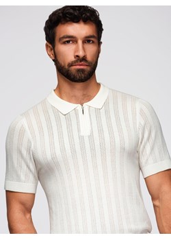 Ażurowa koszulka polo męska z suwakiem przy dekolcie – biała V1 OM-POSS-0158 ze sklepu ombre w kategorii T-shirty męskie - zdjęcie 185843173