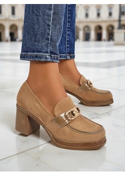 Damskie Loafers Perseida – jasnobrązowe zamszowe na słupku eleganckie ze sklepu royalfashion.pl w kategorii Mokasyny damskie - zdjęcie 185845104