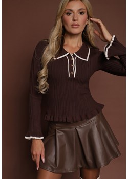Brązowy Sweter Retro z Wiskozą Zdobiony Kołnierzykiem Falbankami i Guzikami Sirrise ze sklepu renee.pl w kategorii Swetry damskie - zdjęcie 185852290