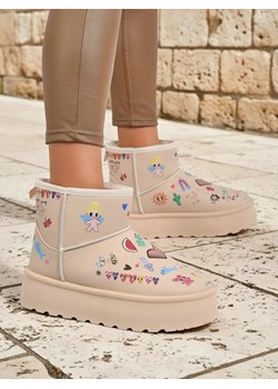 Buty Ocieplane Callisto Angelico z Rysunkami Dziecięcymi na Platformie Beige ze sklepu royalfashion.pl w kategorii Śniegowce damskie - zdjęcie 185923262