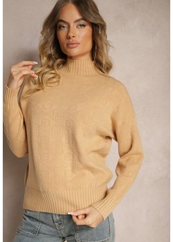 Beżowy  Golf Sweter z Tłoczeniem i Ściągaczami Melovira ze sklepu renee.pl w kategorii Swetry damskie - zdjęcie 185953371