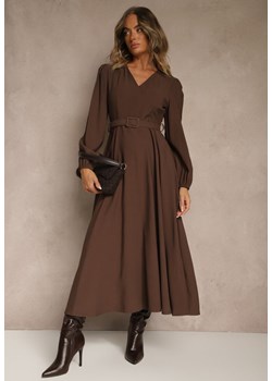 Brązowa Rozkloszowana Sukienka z Wiskozy z Paskiem ze Sprzączką Orille ze sklepu renee.pl w kategorii Sukienki - zdjęcie 185954272