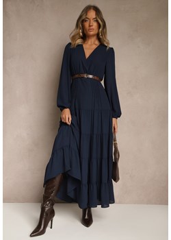 Granatowa Kopertowa Sukienka Vices o Rozkloszowanym Kroju Resvima ze sklepu renee.pl w kategorii Sukienki - zdjęcie 185954521
