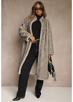 Beżowy Płaszcz Futerko o Długim Kroju z Przeszyciami i Stójką Zeniera ze sklepu renee.pl w kategorii Płaszcze damskie - zdjęcie 185954611