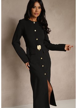 Czarna Taliowana Sukienka z Eleganckimi Guzikami i Metaliczną Klamrą Espedia ze sklepu renee.pl w kategorii Sukienki - zdjęcie 185954890