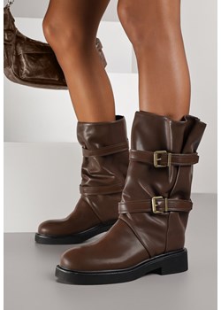 Brązowe Botki Biker Boots z Marszczoną Cholewką i Paskami ze Sprzączkami Sinesa ze sklepu renee.pl w kategorii Botki - zdjęcie 185954902