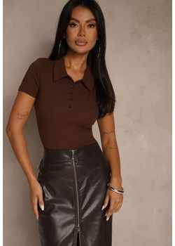 Brązowy Prążkowany T-shirt Polo z Bawełny Ozdobiony Guzikami Lilvivia ze sklepu renee.pl w kategorii Bluzki damskie - zdjęcie 185955042