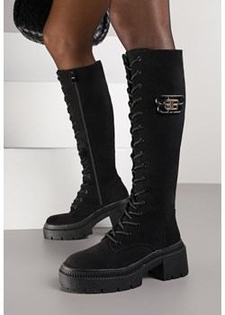 Czarne Kozaki Vices z Imitacji Zamszu w Stylu Grunge ze Sznurowaną Cholewką i Platformą Laurotte ze sklepu renee.pl w kategorii Kozaki damskie - zdjęcie 185956180