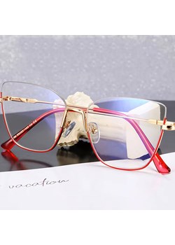 Damskie okulary półramki kocie zerówki do komputera BLUE LIGHT 25142B Złoty/Czerwony ze sklepu Stylion w kategorii Okulary zerówki damskie - zdjęcie 185965582