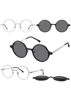 Okrągłe okulary pod korekcję z polaryzacyjną nakładką przeciwsłoneczną CLIP-MC100A-1 srebrne - id: 9407 - marki Sunoptic - 185966110 Okrągłe okulary pod korekcję z polaryzacyjną nakładką przeciwsłoneczną CLIP-MC100A-1 srebrne ze sklepu Stylion w kategorii Oprawki do okularów damskie - zdjęcie 185966110