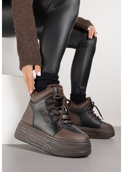 Czarno-Brązowe Sneakersy Śniegowce Vices na Grubej Podeszwie z Tłoczeniem Ozdobione Napisem Fettania ze sklepu born2be.pl w kategorii Buty sportowe damskie - zdjęcie 186004344