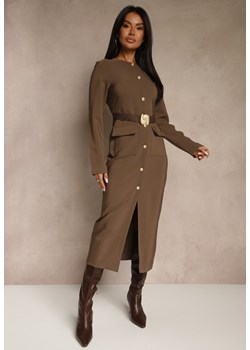 Brązowa Taliowana Sukienka z Eleganckimi Guzikami i Metaliczną Klamrą Espedia ze sklepu renee.pl w kategorii Sukienki - zdjęcie 186004370