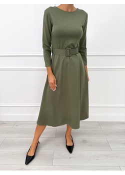 Khaki Rozkloszowana Sukienka z Paskiem ze sklepu ModnaKiecka.pl w kategorii Sukienki - zdjęcie 186016692