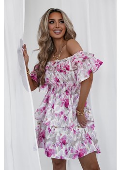 letnia sukienka hiszpanka valentina mielczarkowski polski produkt - print flower beige ze sklepu STYLOWO w kategorii Sukienki - zdjęcie 186091032