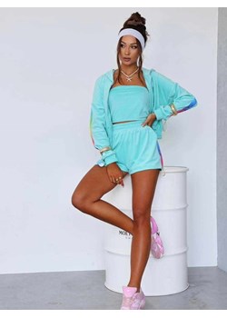 welurowy dres besti multicolor la perla bluza kangurka + krótkie spodenki + top - turkus ze sklepu STYLOWO w kategorii Komplety i garnitury damskie - zdjęcie 186091131
