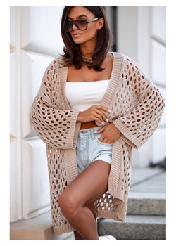 sweter kardigan narzutka ażur irma polski producent j&k premium -  beżowy ze sklepu STYLOWO w kategorii Swetry damskie - zdjęcie 186091140