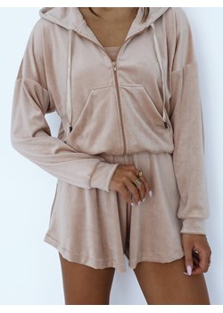 welurowy dres la perla złote taśmy gold bluza kangurka + krótkie spodenki + top - złoty beżowy ze sklepu STYLOWO w kategorii Dresy damskie - zdjęcie 186091312