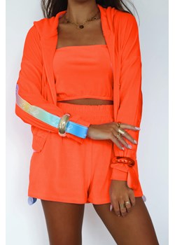 welurowy dres besti multicolor la perla bluza kangurka + krótkie spodenki + top - neon pomarańcz ze sklepu STYLOWO w kategorii Komplety i garnitury damskie - zdjęcie 186091344