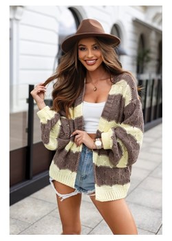krótki rozpinany kardigan sweter axos w paski polski producent j&k premium - cappuccino + żółty ze sklepu STYLOWO w kategorii Swetry damskie - zdjęcie 186091373
