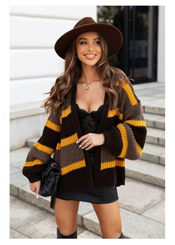 krótki kardigan sweter oversize ritmo w paski polski producent j&k premium - musztarda ze sklepu STYLOWO w kategorii Swetry damskie - zdjęcie 186091433