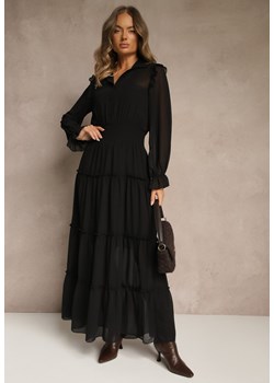 Czarna Sukienka VICES Koszulowa z Falbaną w Rustykalnym Stylu Arivite ze sklepu renee.pl w kategorii Sukienki - zdjęcie 186171673