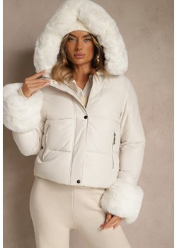 Biała Kurtka z Pikowanymi Przeszyciami i Futerkowymi Zdobieniami Olindea ze sklepu renee.pl w kategorii Kurtki damskie - zdjęcie 186174573