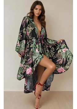 Satynowy szlafrok damski w kwiaty Atenna, Kolor czarno-zielony, Rozmiar one size, LivCo Corsetti Fashion ze sklepu Intymna w kategorii Szlafroki damskie - zdjęcie 186203930