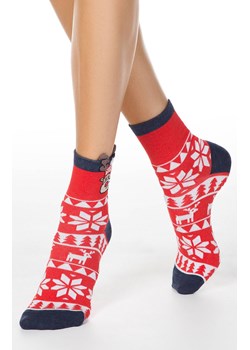 Rudolf bawełniane skarpetki ze świątecznym ornamentem i pikotem, Kolor czerwony-wzór, Rozmiar 42-45, Conte ze sklepu Intymna w kategorii Skarpetki damskie - zdjęcie 186204052
