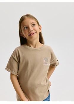Reserved - T-shirt z nadrukiem i haftem - beżowy ze sklepu Reserved w kategorii Bluzki dziewczęce - zdjęcie 186213320