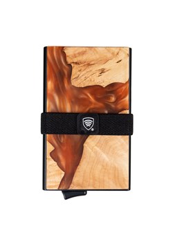 Aluminiowy portfel z wysuwanymi kartami i ochroną kart zbliżeniowych (drewno + pomarańczowa żywica) ze sklepu Koruma ID Protection w kategorii Portfele męskie - zdjęcie 186242264