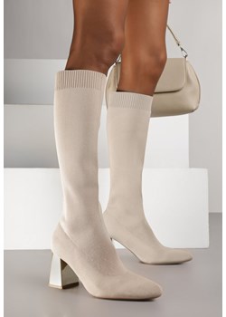Ciemnobeżowe Eleganckie Kozaki VICES na Metalicznym Obcasie ze Skarpetkową Cholewką Nalaina - id: X3178-85-KHAKI - marki Renee - 186261023 Ciemnobeżowe Eleganckie Kozaki VICES na Metalicznym Obcasie ze Skarpetkową Cholewką Nalaina ze sklepu renee.pl w kategorii Kozaki damskie - zdjęcie 186261023