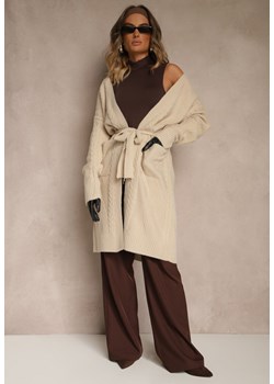 Beżowy Tłoczony Kardigan z Wełną o Kroju Bez Zapięć z Paskiem Dorrive ze sklepu renee.pl w kategorii Swetry damskie - zdjęcie 186262932